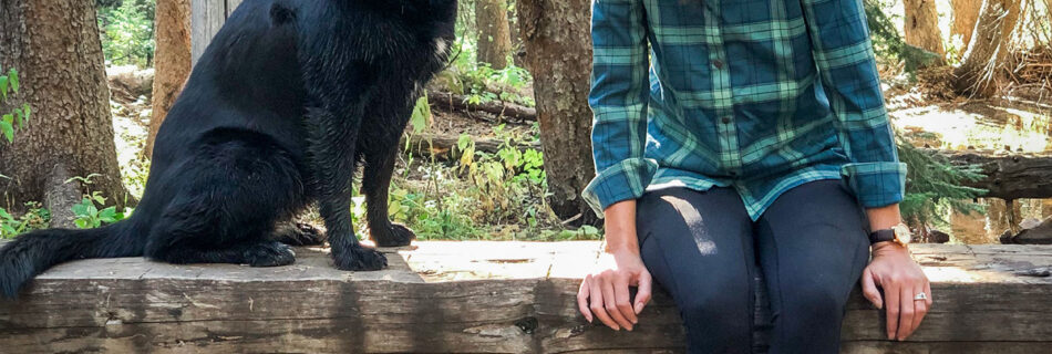 woman sitting on wood bridge with black dog