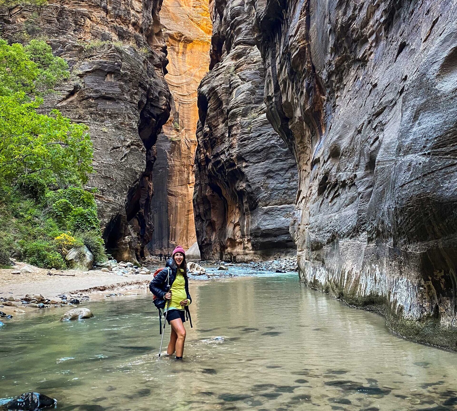 pregnant woman hiking through zion national park